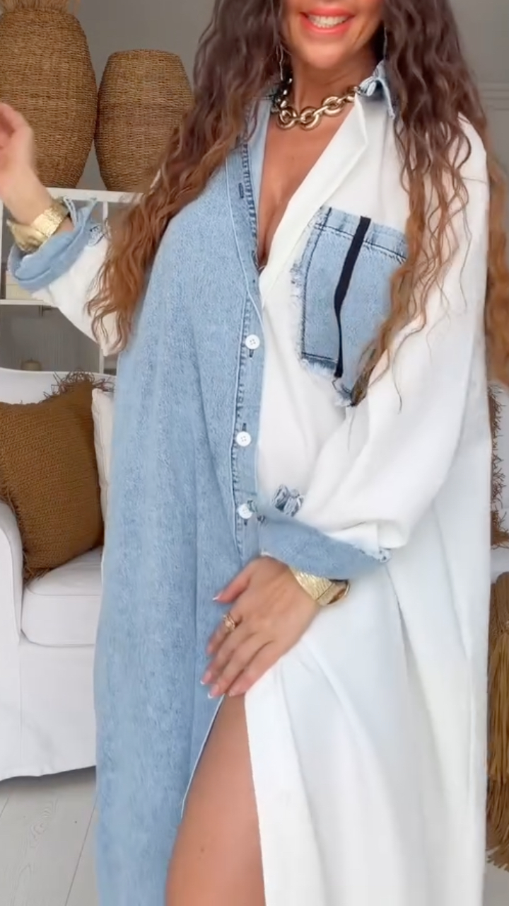 Women's Long Shirt Dress With Denim Patchwork Collar