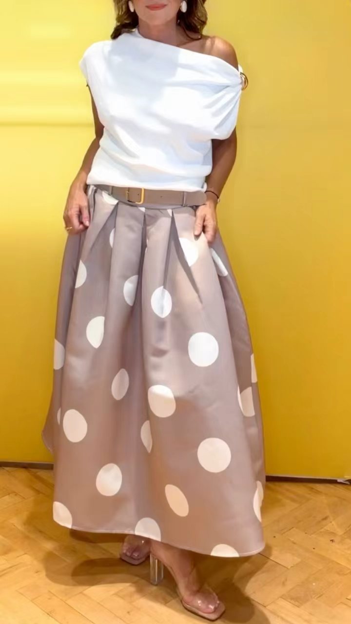 White Draped One Shoulder Top Polka Dot Midi Skirt Two Piece Set