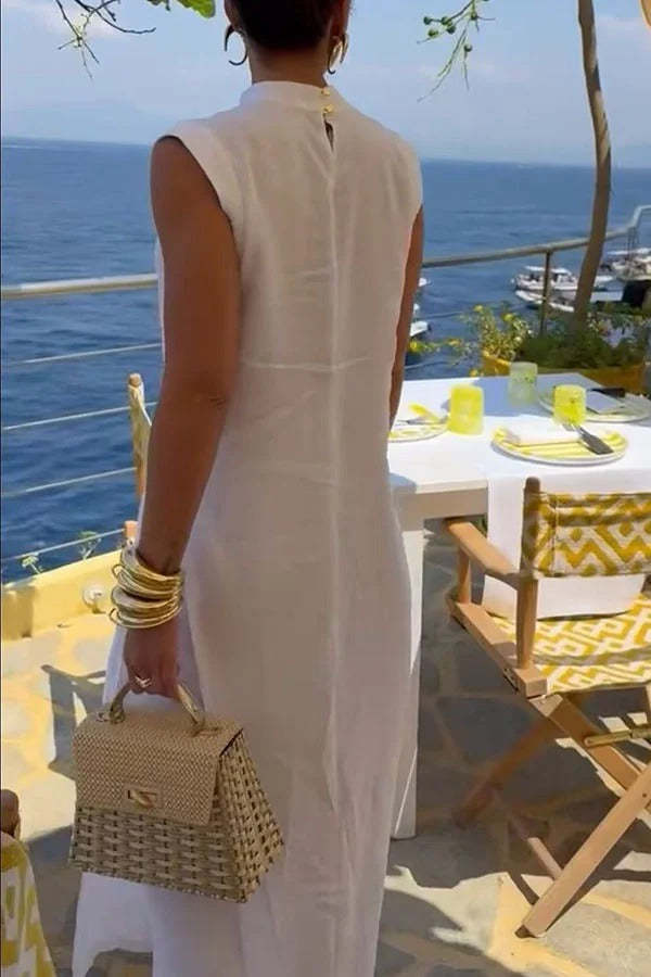 Elegant Resort Linen Blend Stand Neck Front Slit Midi Top and Elastic Waist Loose Pants Set