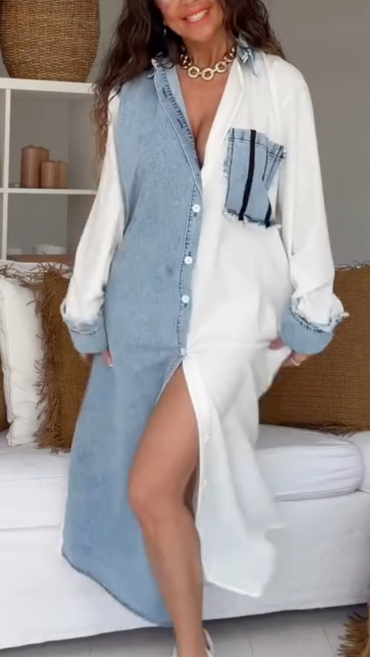 Women's Long Shirt Dress With Denim Patchwork Collar