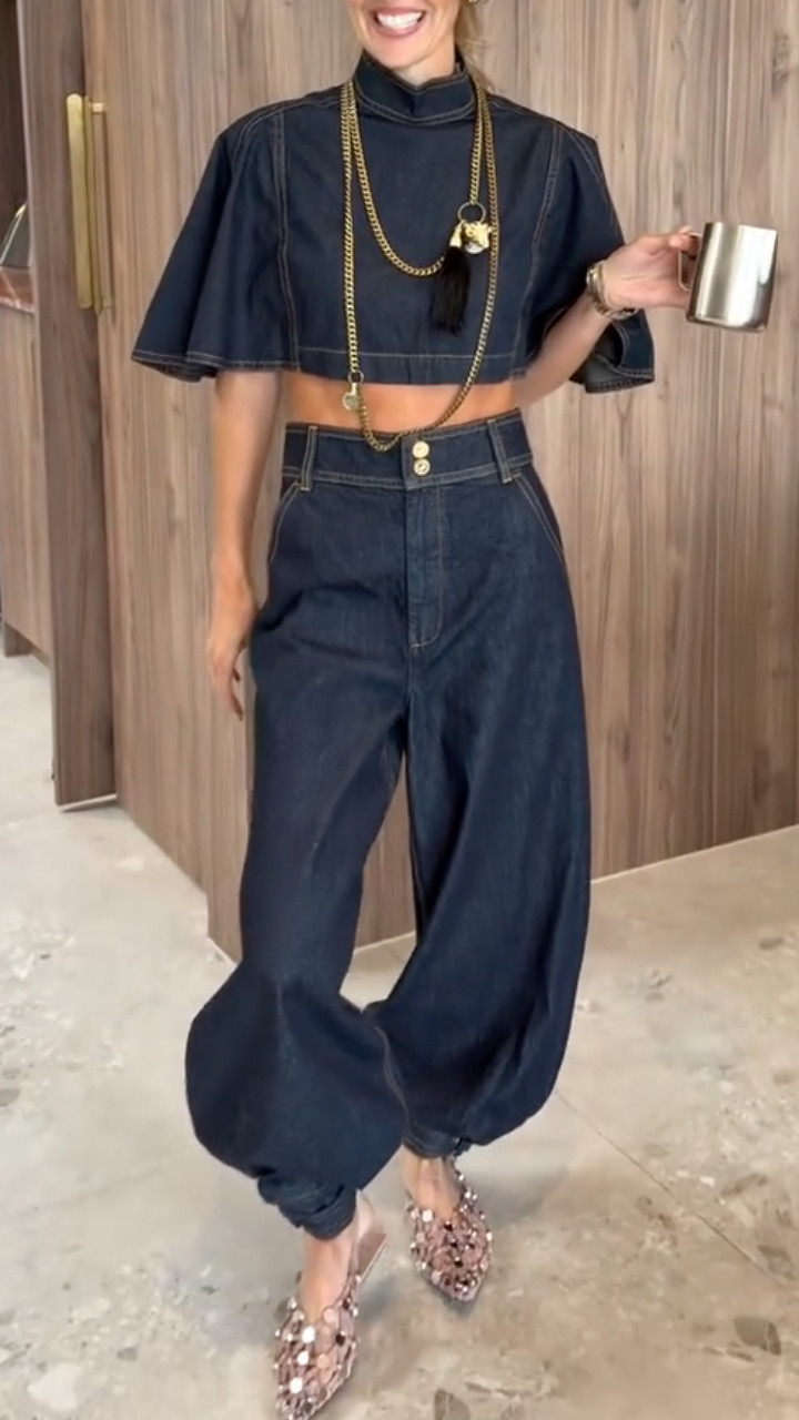 Dark Denim Cropped Top & Barrel Pants Set