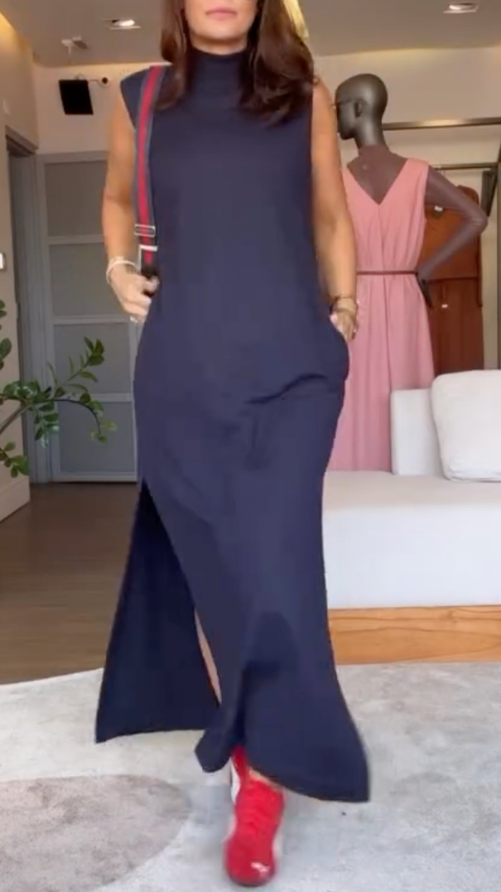 Navy High‐Neck Sleeveless Slit Midi Dress