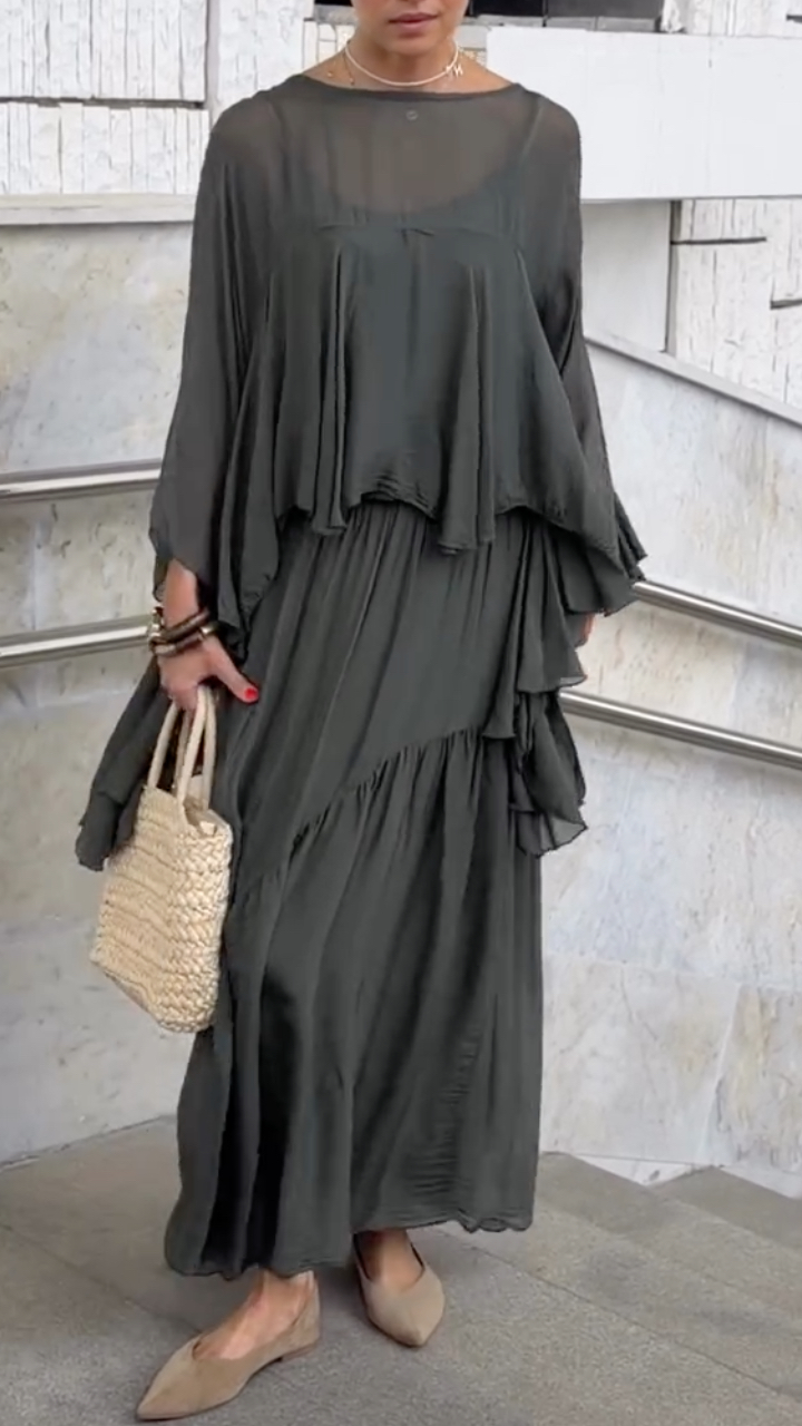 Sheer Ruffle Top & Pleated Maxi Skirt Co‐Ord Set