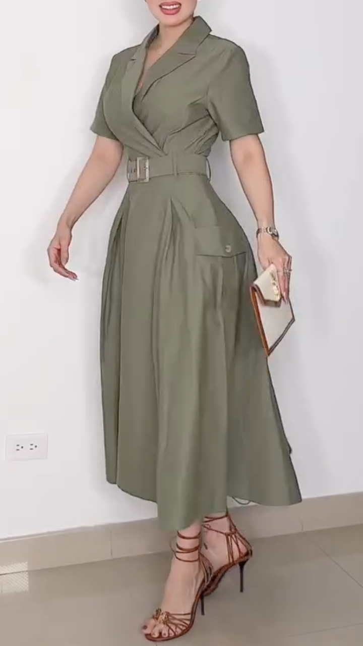 Women's A-Line Dress With Lapel Tie Waist And Elegant Style