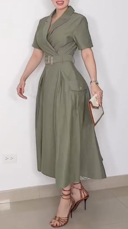 Women's A-Line Dress With Lapel Tie Waist And Elegant Style