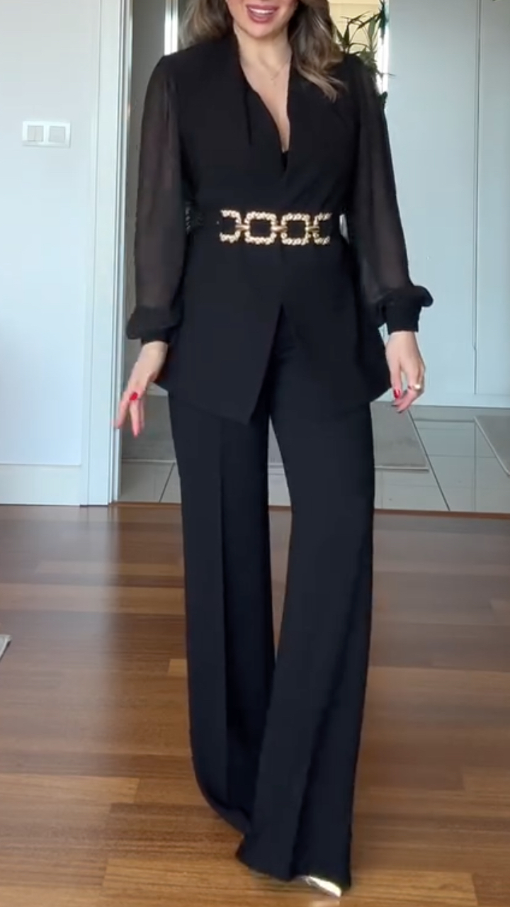 Women's Sheer Sleeve Suit With Metallic Waist Belt And Wide-Leg Pants Set