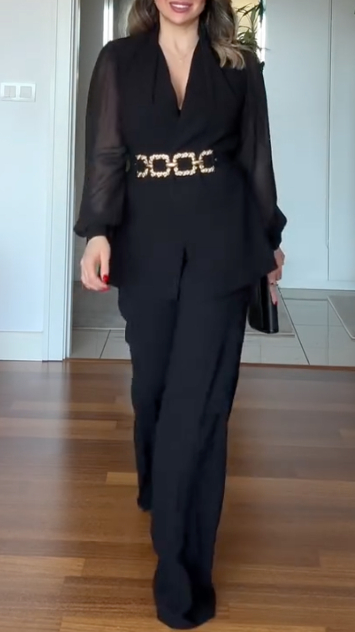 Women's Sheer Sleeve Suit With Metallic Waist Belt And Wide-Leg Pants Set