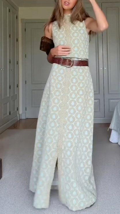 Women's High-Neck, Slit, Printed Elegant Maxi Dress