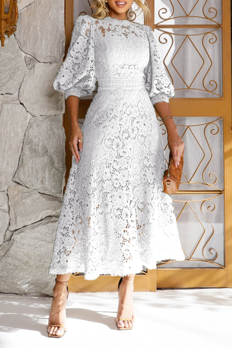 Women's Round Neck Lantern Sleeve Lace Hollow Dress