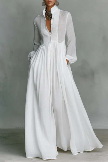 Solid Color Stand Collar Long Sleeve Casual Pocket Maxi Dress