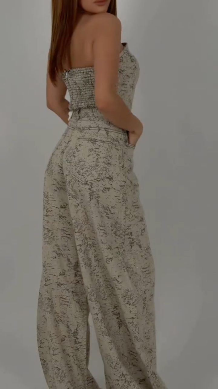 Vintage Sparkle Printed Denim Strapless Two Piece Set