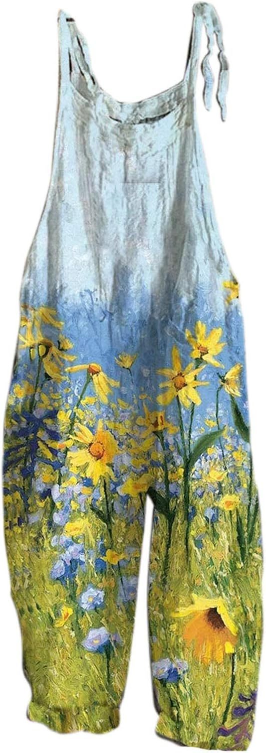 Women's Baggy Loose Leg Dungarees Women's Casual Loose Fit Overalls Print Overalls with Shoulder Knot