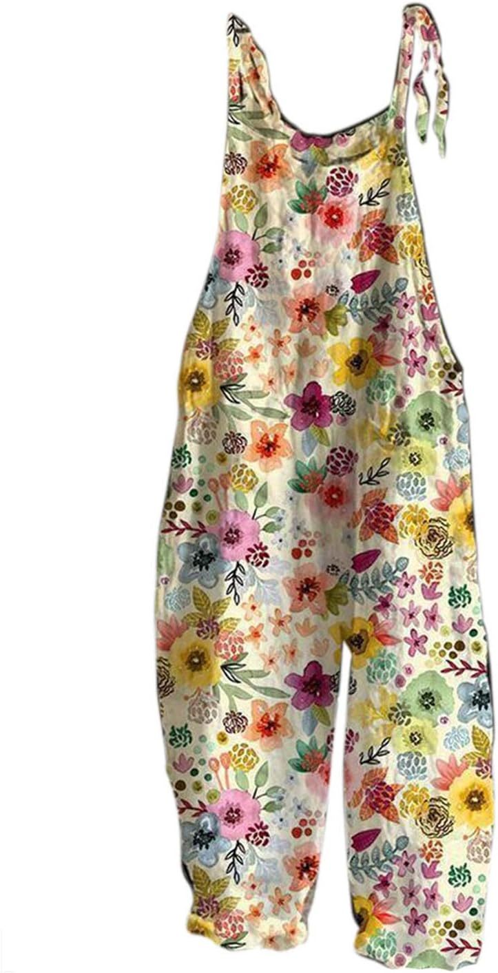 Women's Baggy Loose Leg Dungarees Women's Casual Loose Fit Overalls Print Overalls with Shoulder Knot