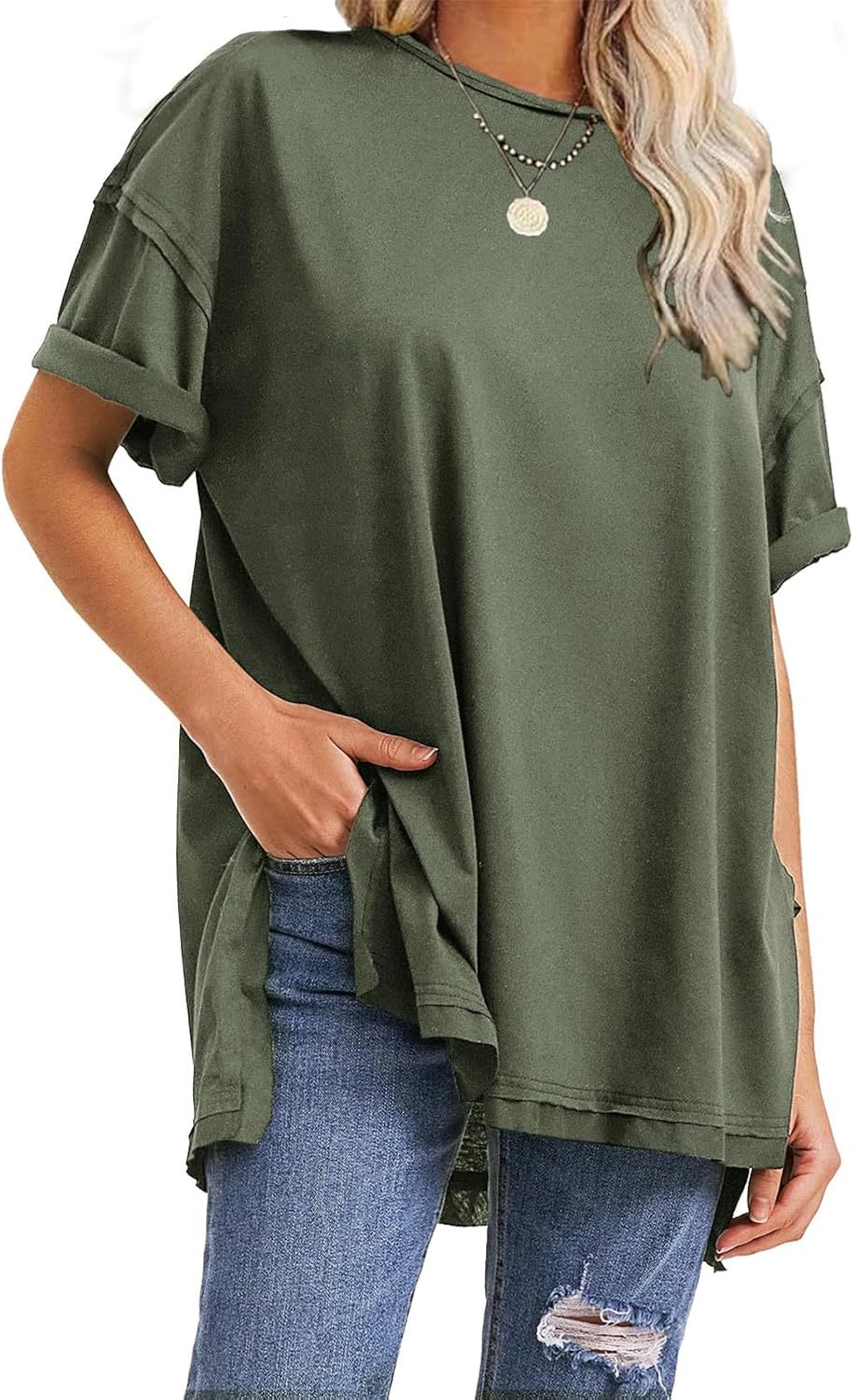 Womens Summer Oversized T Shirts 2025 Casual Short Sleeve Loose Maternity Tops Crewneck Tunic Plus Gym Workout Top
