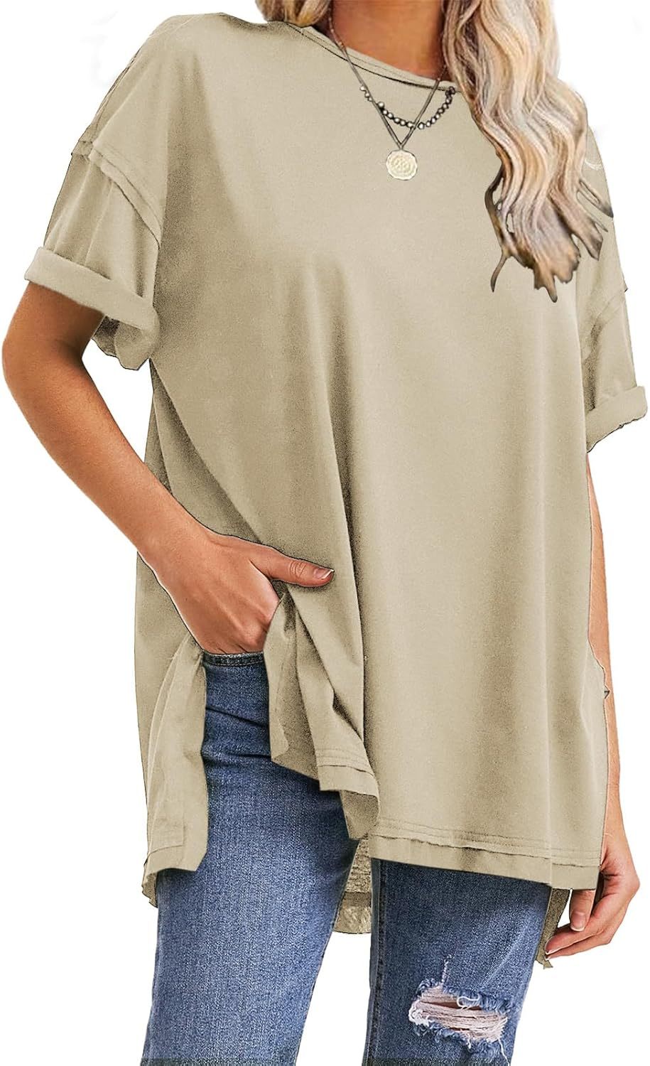 Womens Summer Oversized T Shirts 2025 Casual Short Sleeve Loose Maternity Tops Crewneck Tunic Plus Gym Workout Top