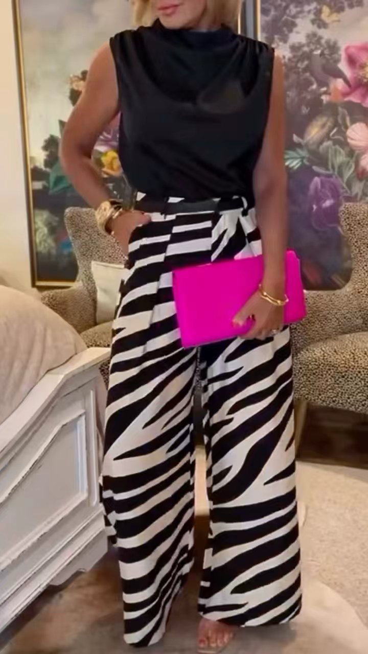 Zebra Print High Waist Pleated Wide Leg Casual Pants