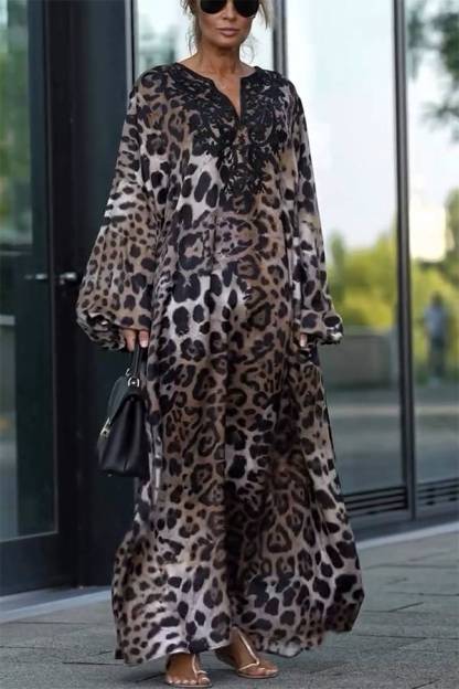 Lace Mixed Leopard Print Balloon Sleeve A-line Maxi Dress