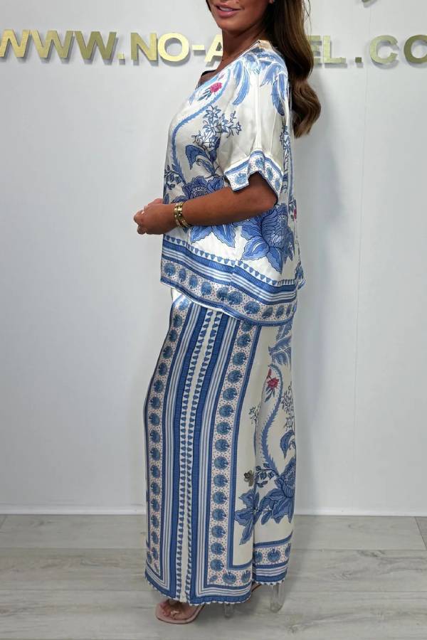 V-neck Short Sleeve Botanical Print Satin Wide-Leg Pants Set