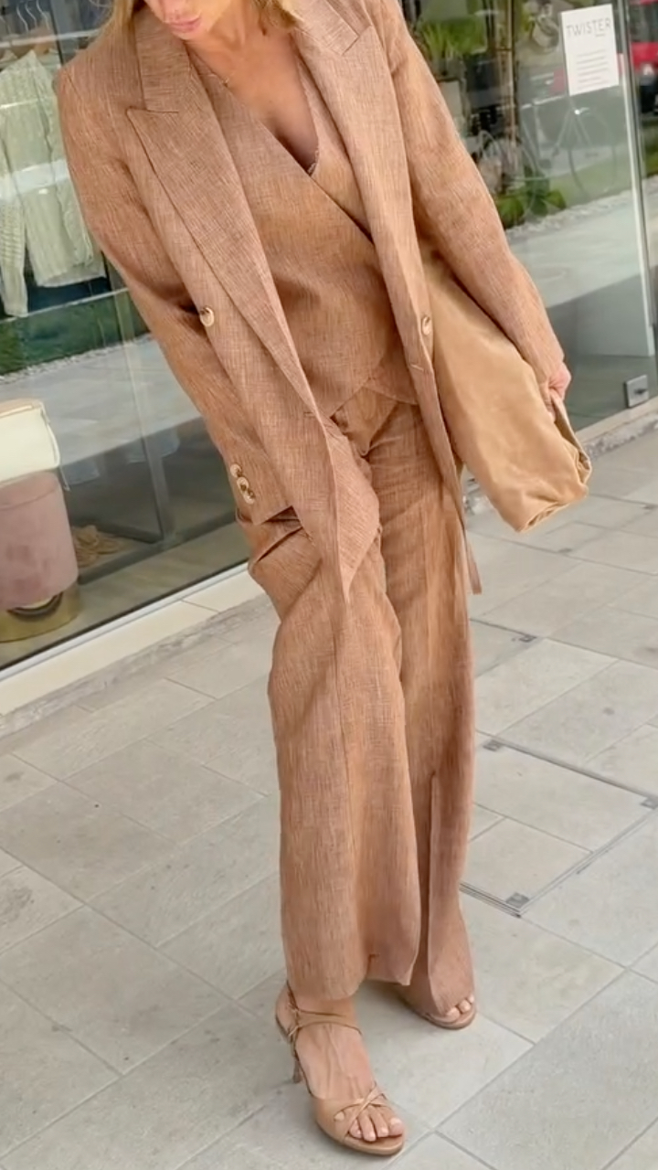 Brown Linen Blazer, Vest & Wide Leg Pants 3‐Piece Set