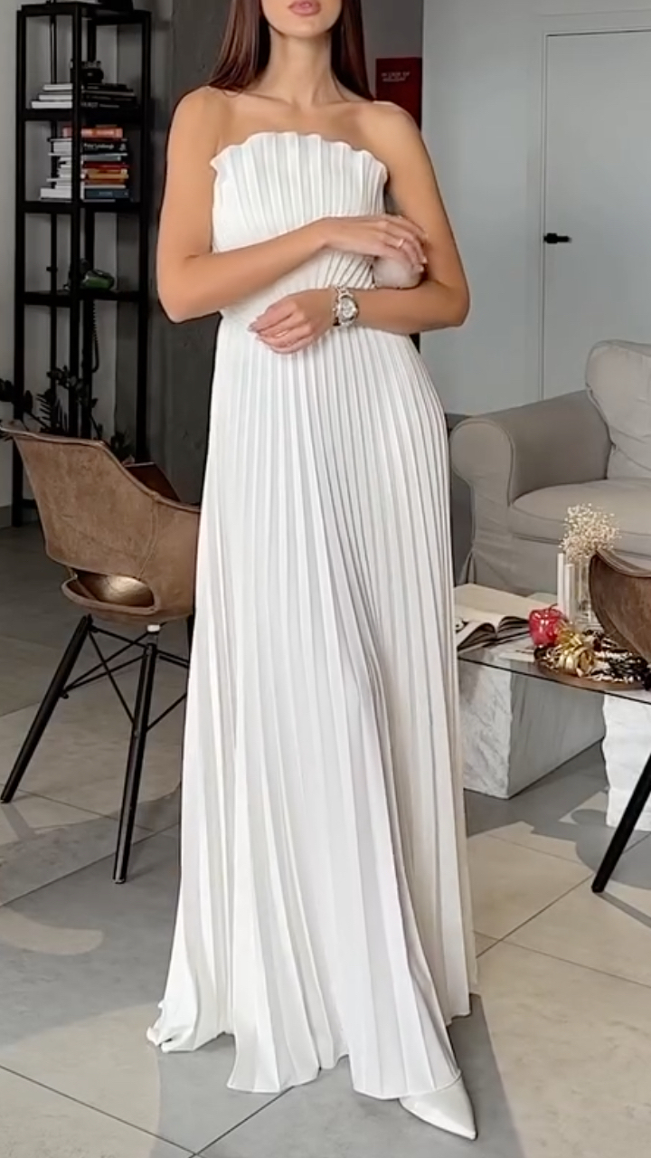 White Pleated Strapless Maxi Dress