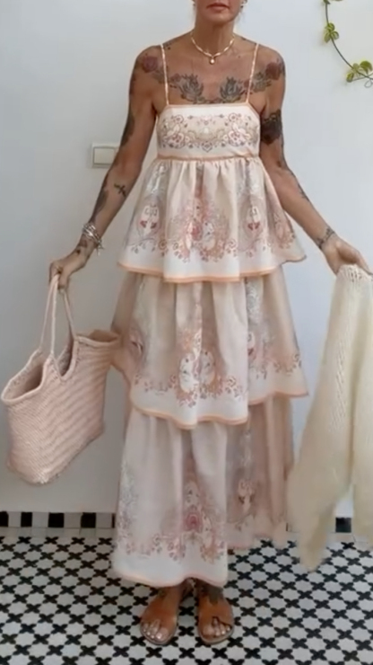 Apricot Vintage Printed Spaghetti Strap Tiered Ruffle Maxi Dress