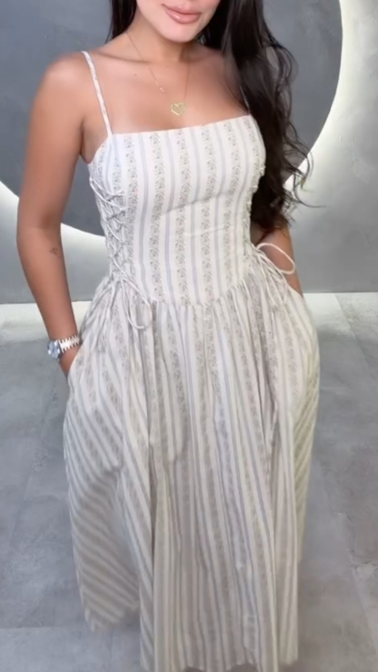 Striped Lace-Up Spaghetti Strap Midi Dress