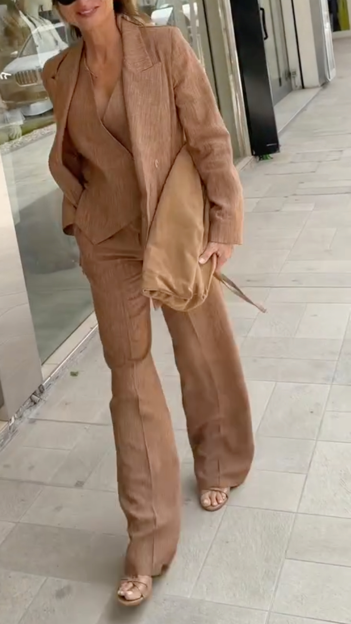Brown Linen Blazer, Vest & Wide Leg Pants 3‐Piece Set
