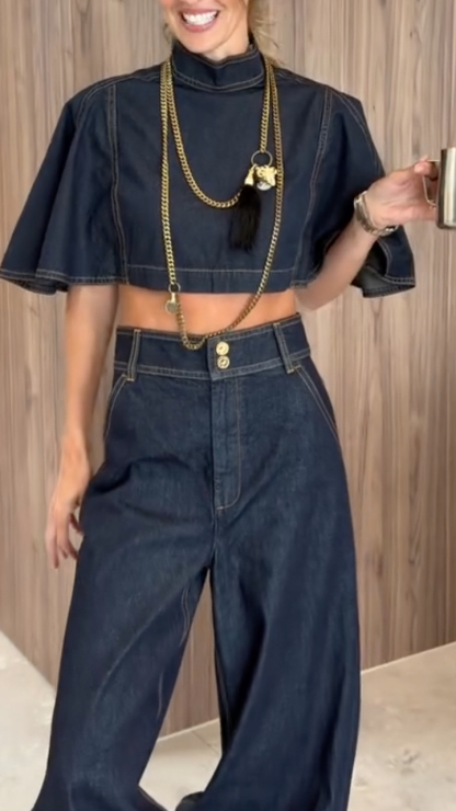 Dark Denim Cropped Top & Barrel Pants Set