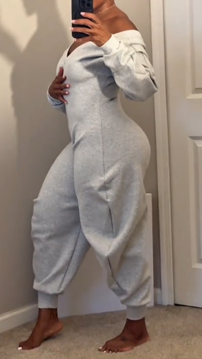 Women V-neck Solid Color Casual Jumpsuit