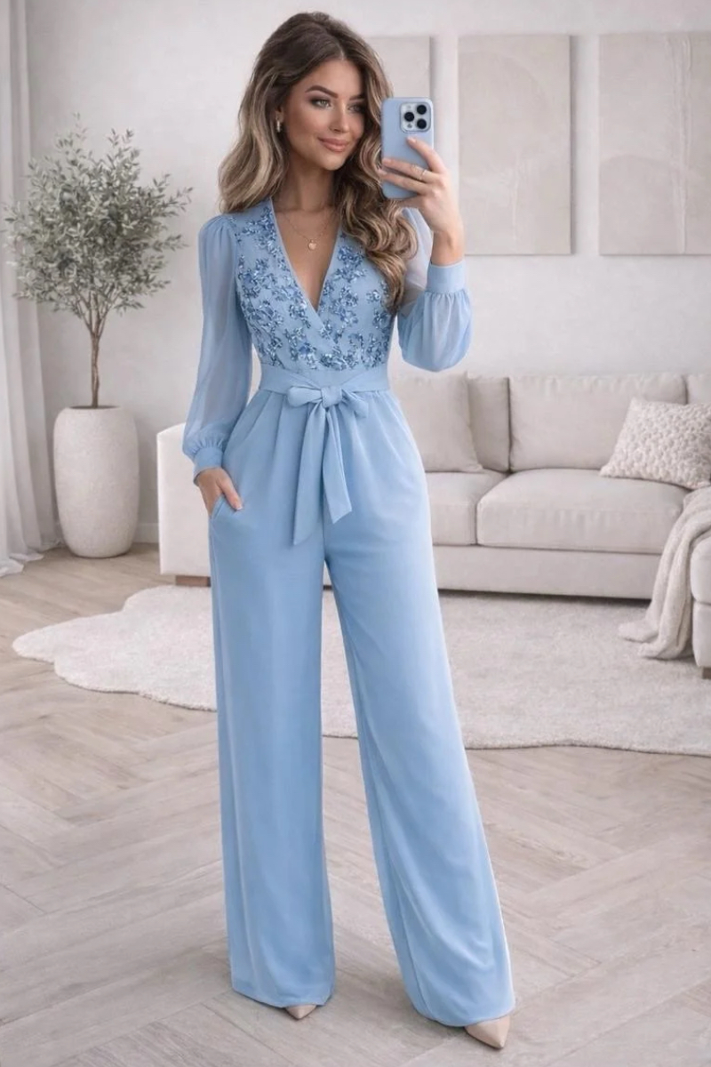 Women's V-Neck Sequined Embroidered Patchwork Jumpsuit
