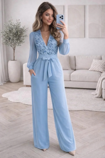 Women's V-Neck Sequined Embroidered Patchwork Jumpsuit