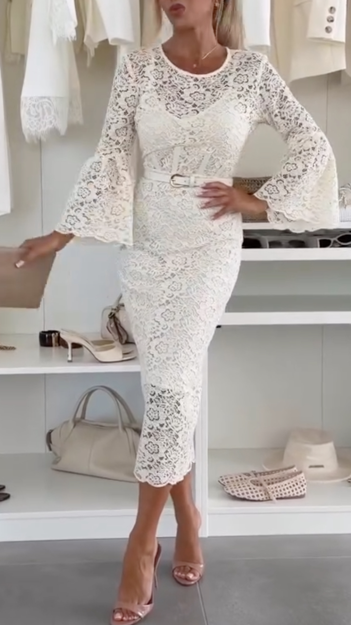 Women's Round Neck Lace Bell Sleeve Elegant Dress Set