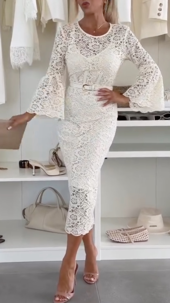 Women's Round Neck Lace Bell Sleeve Elegant Dress Set