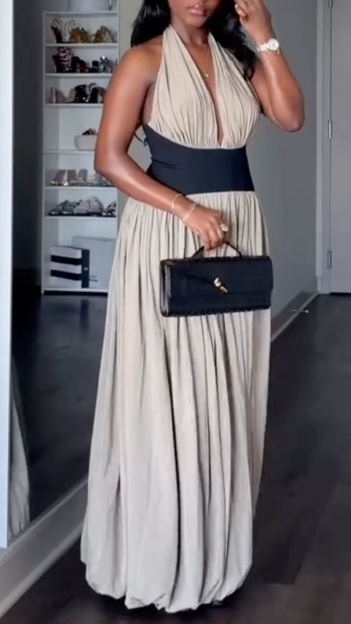Beige Black Color Block Halter Neck Maxi Dress