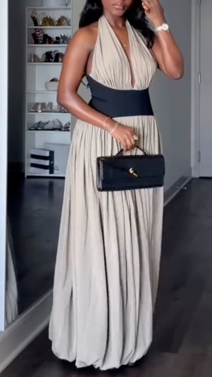 Beige Black Color Block Halter Neck Maxi Dress