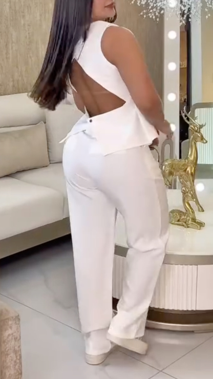 V-Neck Hollow Out Sleeveless Vest & Wide-Leg Pants Set