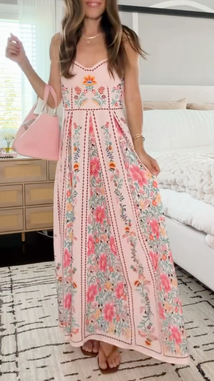 Pink Floral Print Spaghetti Strap Maxi Dress