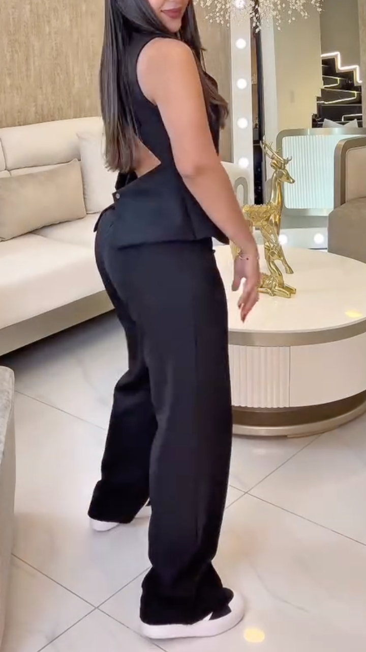 V-Neck Hollow Out Sleeveless Vest & Wide-Leg Pants Set