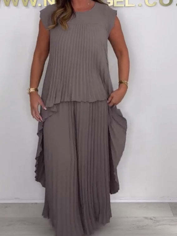 👗Laney Pleated Short Sleeve Irregular Midi Top and Elastic Waist Wide Leg Pants Set✨