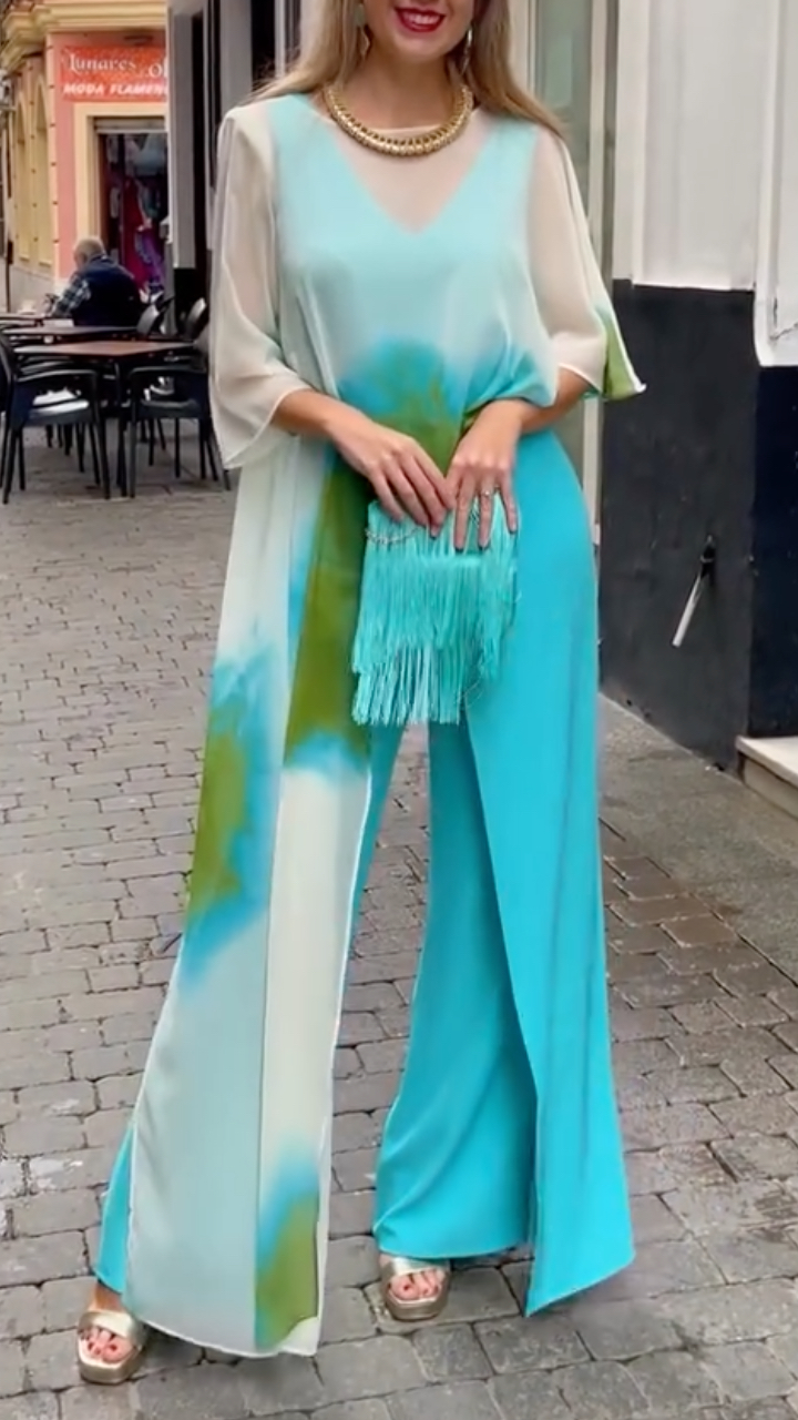 Tie-Dye Chiffon Asymmetrical Top & Wide-Leg Pants Set