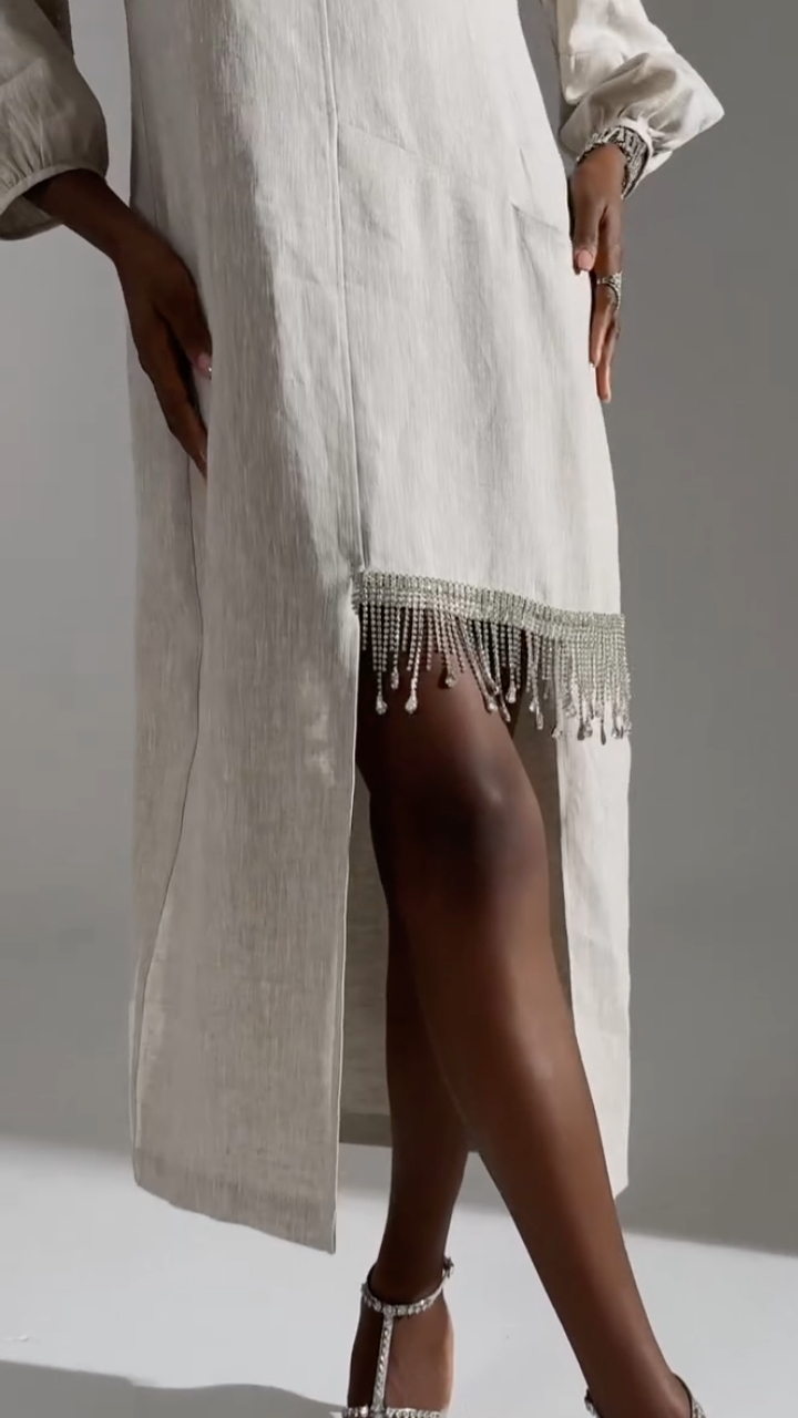 Beige Linen Fringe‐Slit Midi Dress