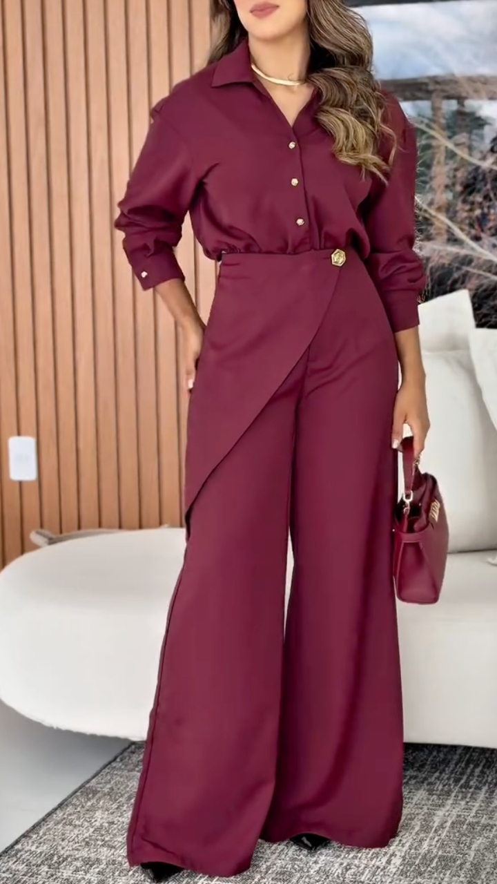 Collared Shirt & Wrap‐Waist Wide Leg Pants Co‐Ord Set