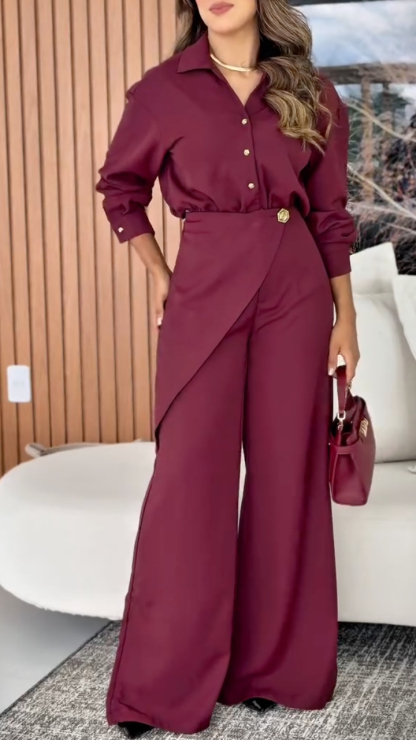 Collared Shirt & Wrap‐Waist Wide Leg Pants Co‐Ord Set