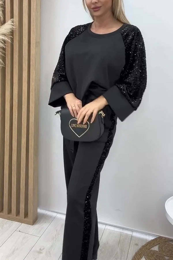 Stylish Sequined Loose-fitting Crew Neck Top and Casual Pocket Wide-leg Pants Set