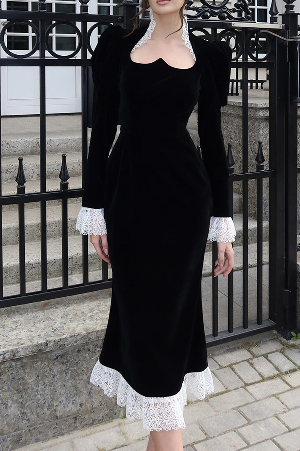 Baroque Style Velvet Lace Trim Sweetheart Neck Long Sleeve Flare Midi 
