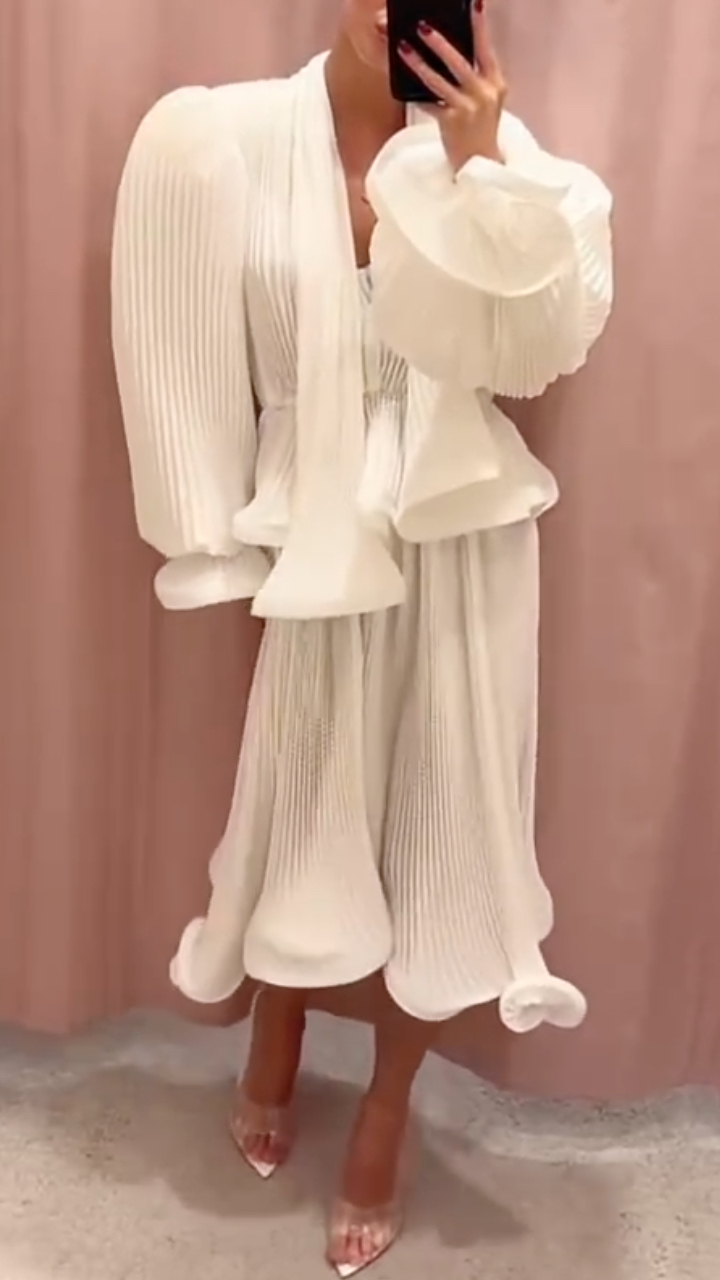 White Pleated Ruffle Two-Piece Dress Set