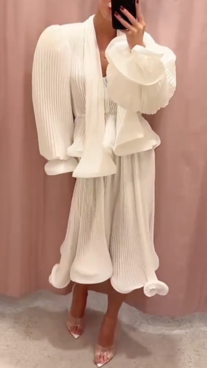 White Pleated Ruffle Two-Piece Dress Set
