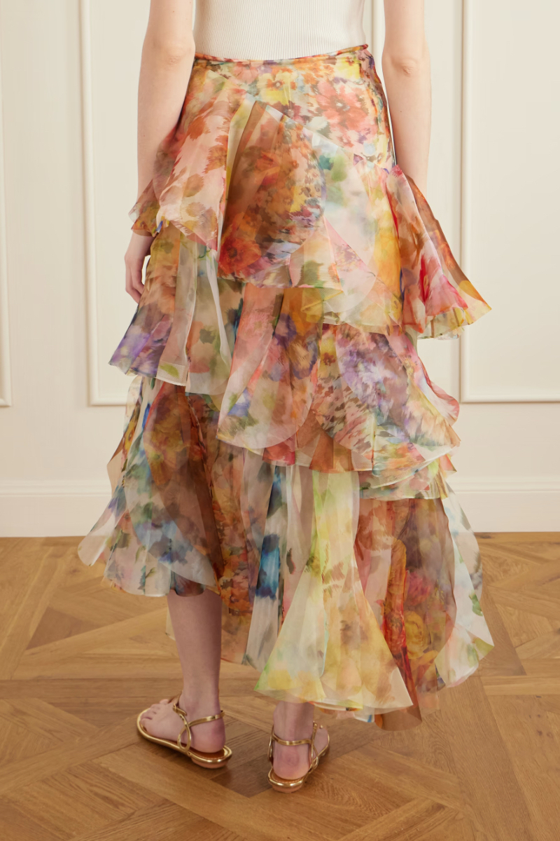 Multicolor Floral Tiered Ruffle Maxi Skirt