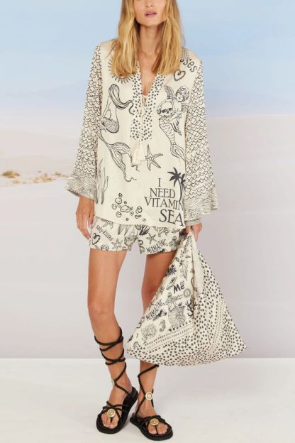 Satin Unique Print Tassel Shirt and Elastic Waist Shorts Set