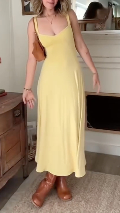 Yellow Sweetheart Neck Ruched Sleeveless Midi Dress